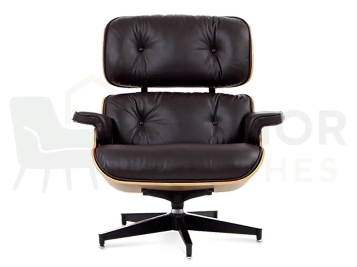 Premium walnut grain, soft brown leather and a powder-coated black base make this designer lounge chair replica a stylish addition to homes, offices and boutique hotels.