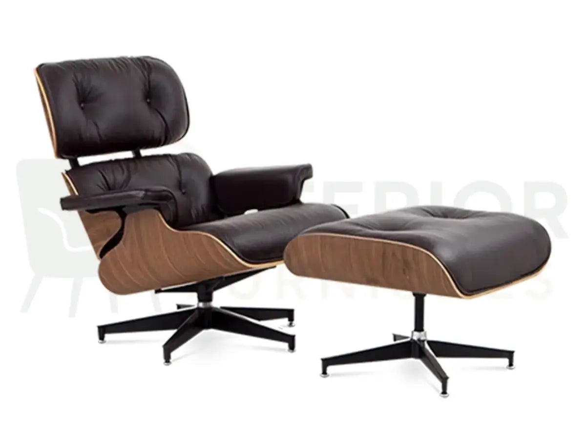 Designed for cosy reading spaces, this walnut veneer lounge chair replica combines deep brown leather upholstery with a durable black metal base for everyday comfort.
