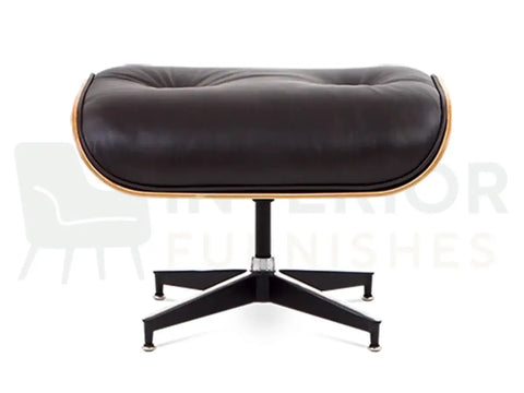 A modern lounge chair ottoman with a Chocolate brown tufted leather cushion, a light wood frame, and a black metal swivel base, | UK, EU & USA | Interior Furnishes | Starting £799