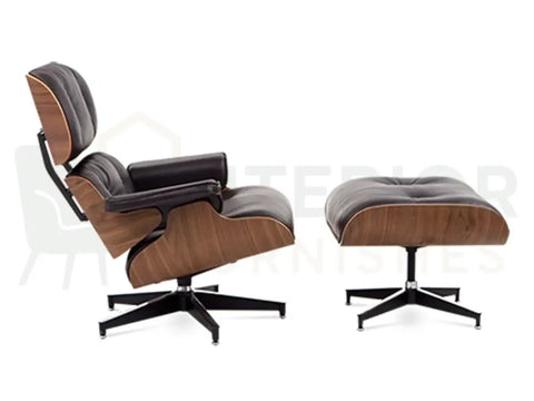 A handcrafted walnut lounge chair replica featuring chocolate brown leather cushions and a matte black support frame, bringing authentic mid-century character to modern interiors.
