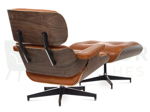 A perfect blend of natural walnut grain and vintage-inspired tan leather gives this lounge chair replica a welcoming look for reading rooms, lounges and contemporary interiors.