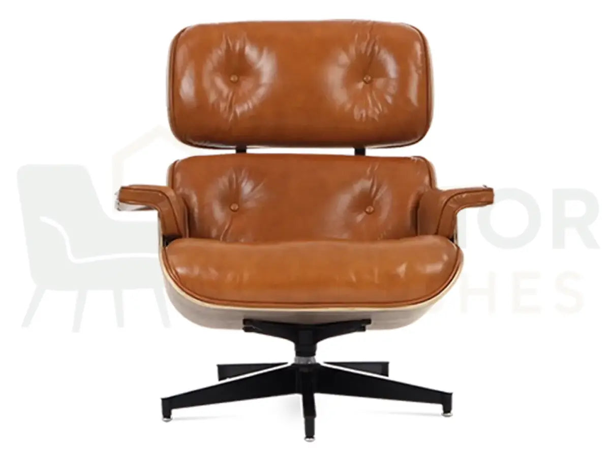 Warm walnut veneer and saddle tan leather create a timeless lounge chair replica, finished with a durable black metal base for modern homes and stylish apartments.