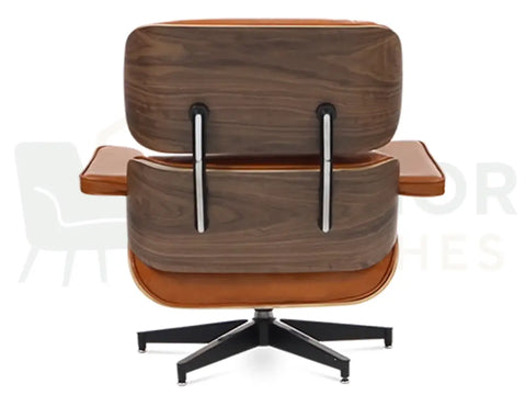 Bring authentic mid-century character into your home with a walnut wood lounge chair replica upholstered in tan brown leather and strengthened by a powder-coated black frame.