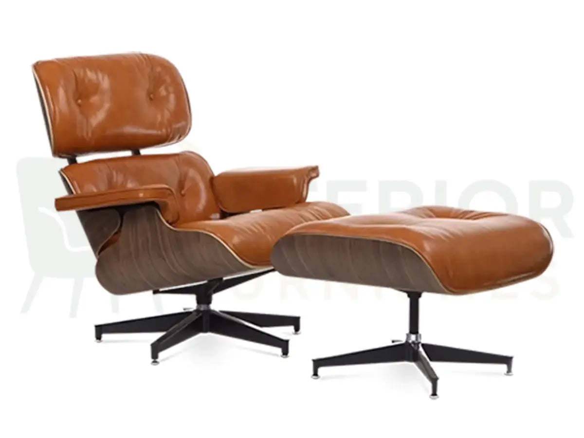 Premium tan brown leather pairs beautifully with genuine walnut wood on this Eames lounge chair replica, supported by a black aluminium base and available from Interior Furnishes across the UK, Europe and USA from £799.