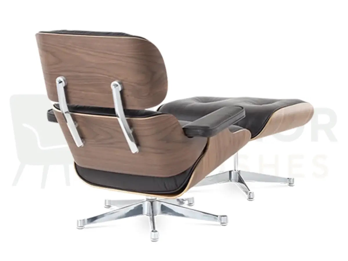 Classic walnut craftsmanship meets contemporary chrome styling in this lounge chair replica, wrapped in premium chocolate brown leather for exceptional comfort.