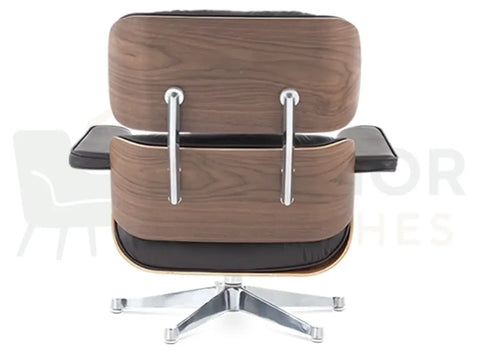 Whether placed beside a fireplace or in a sophisticated office, this walnut lounge chair replica combines deep brown leather seating with a polished chrome support for a refined finish.