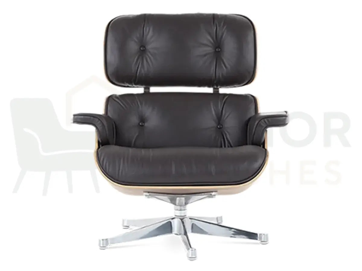 Luxury living begins with handcrafted furniture like this walnut wood lounge chair replica, featuring rich brown leather upholstery and a mirror-finish chrome base.