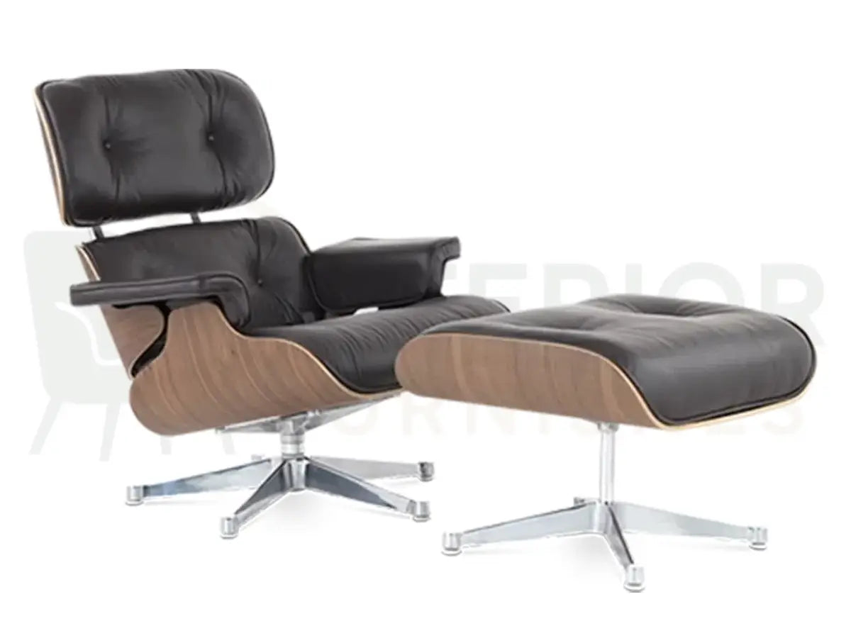 A polished chrome base highlights the beauty of the walnut shell and chocolate brown leather on this premium lounge chair replica, available from Interior Furnishes starting at £799.