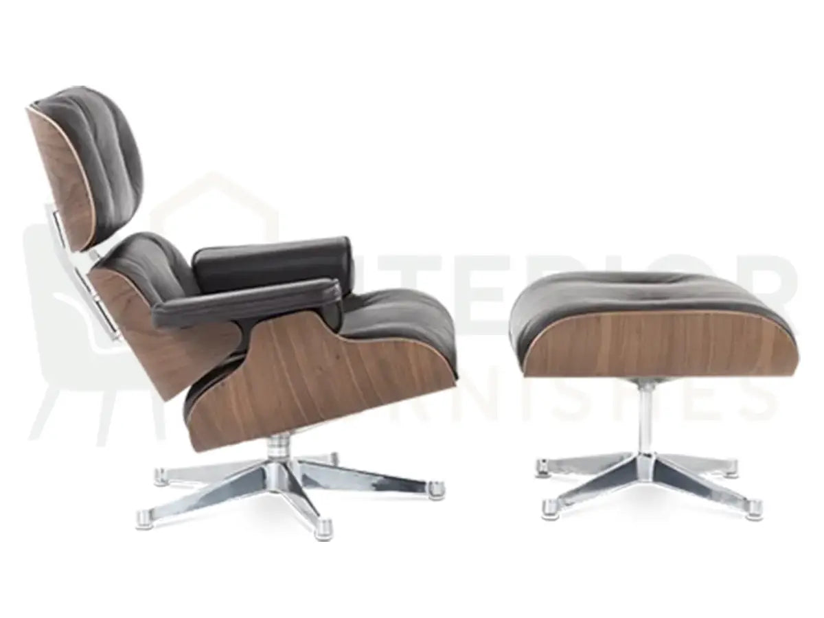 Perfect for executive lounges and elegant reception areas, this walnut veneer lounge chair replica pairs chocolate brown leather with brilliant chrome detailing.