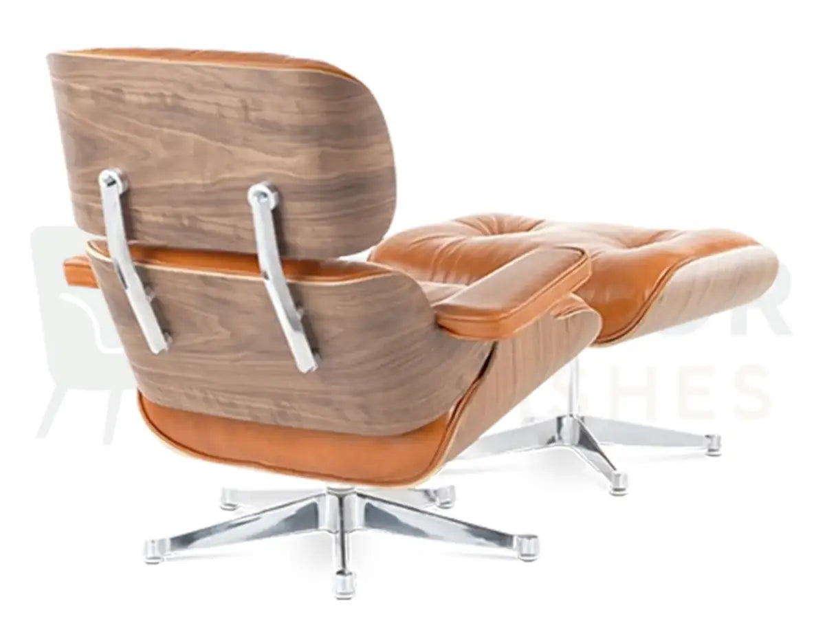 Natural walnut craftsmanship, smooth tan leather cushions and a reflective chrome base make this lounge chair replica an exceptional choice for modern interior styling.