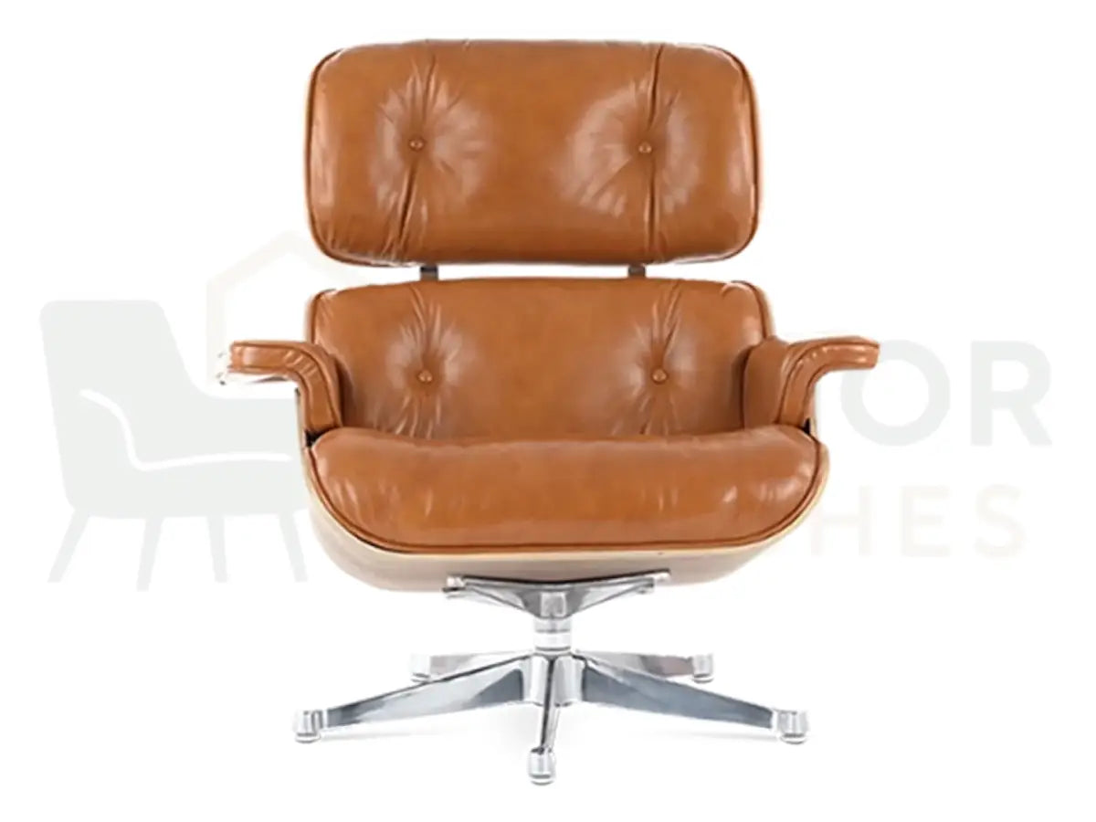Designed to become the centrepiece of sophisticated living spaces, this walnut veneer lounge chair replica combines rich tan leather with a polished chrome base for lasting elegance.