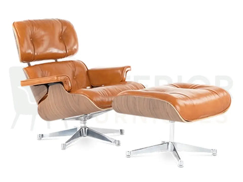 Mirror-polished chrome complements the warm walnut shell and tan brown leather upholstery of this luxury Eames lounge chair replica, available throughout the UK, Europe and USA.