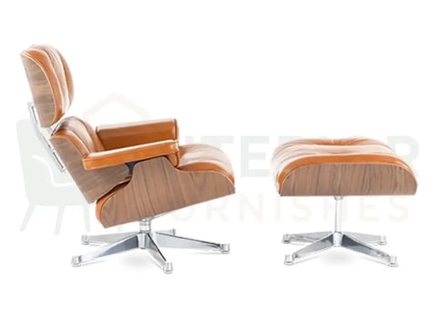 From luxury apartments to executive offices, this handcrafted walnut lounge chair replica delivers premium tan brown leather seating with a bright chrome support structure.