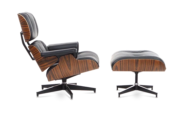 Designer-Loungesessel &amp; Ottomane – Palisanderfurnier &amp; schwarzes Leder