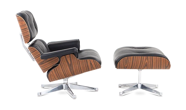 Designer-Loungesessel &amp; Ottomane – Palisanderfurnier &amp; schwarzes Leder