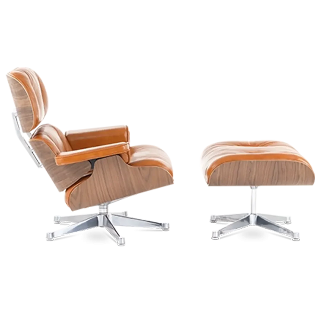 Eames Style Lounge Chair & Ottoman - Tan Brown Leather & Walnut Veneer