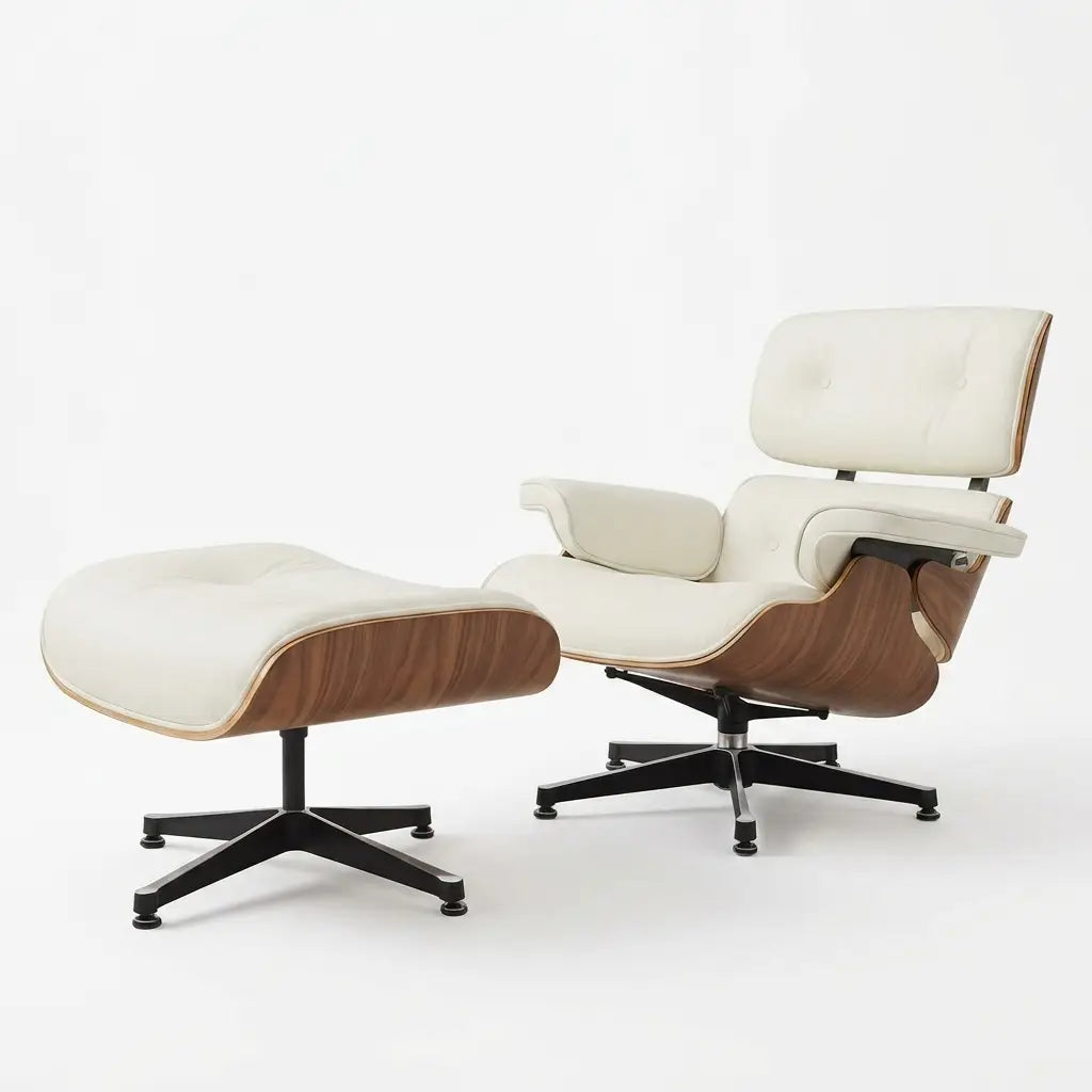A classic mid-century modern lounge chair with an ottoman, featuring cream-colored leather upholstery, a curved brown wood veneer shell, and black five-star metal bases, photographed on a seamless white background.