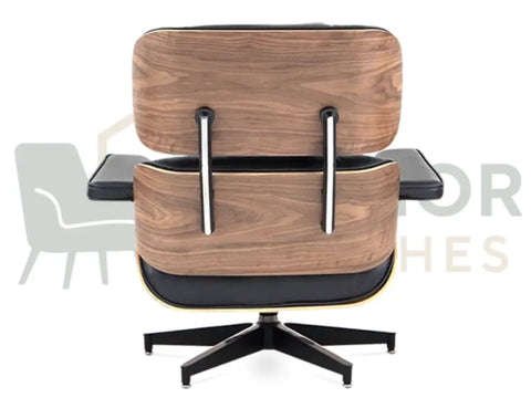 A luxury accent chair featuring a rich walnut shell, ergonomic black leather seating and a powder-coated black frame, available online from Interior Furnishes starting at £799.