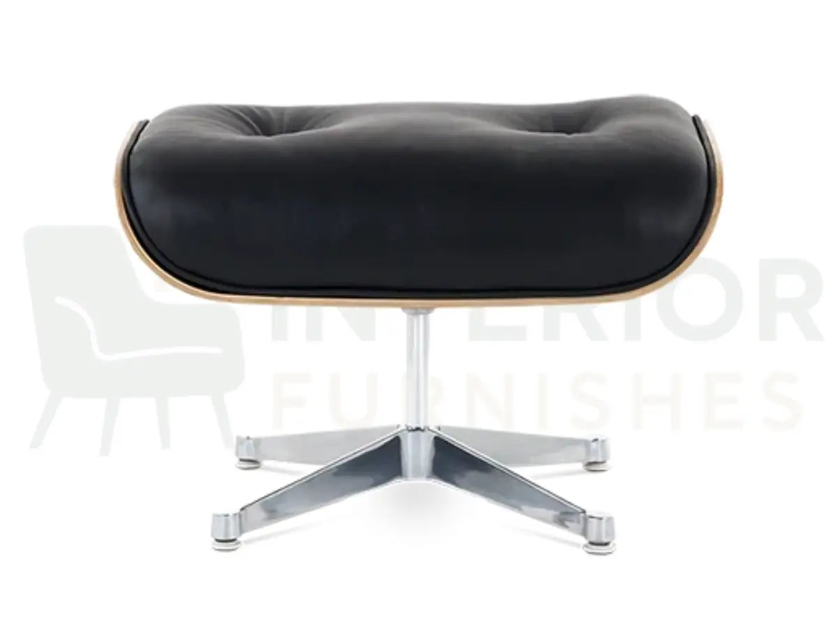 Luxury walnut veneer furniture meets premium black leather upholstery in this lounge chair replica, completed with a polished chrome base for a refined contemporary appearance.