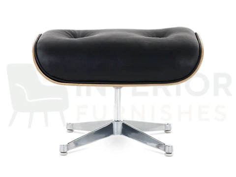Luxury walnut veneer furniture meets premium black leather upholstery in this lounge chair replica, completed with a polished chrome base for a refined contemporary appearance.