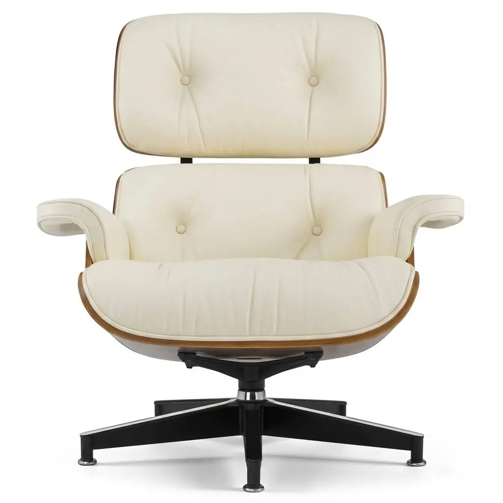 An iconic mid-century modern lounge chair with cream-colored tufted leather upholstery and a black five-star metal base, shown against a plain white background.