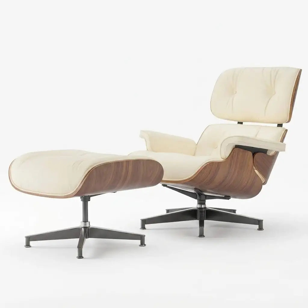 A modern lounge chair with matching ottoman on a light gray studio background. The chair features cream-colored leather upholstery with a tufted headrest and backrest, supported by curved medium-brown wood shells over a black five-star swivel base.