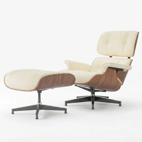 A modern lounge chair with matching ottoman on a light gray studio background. The chair features cream-colored leather upholstery with a tufted headrest and backrest, supported by curved medium-brown wood shells over a black five-star swivel base.