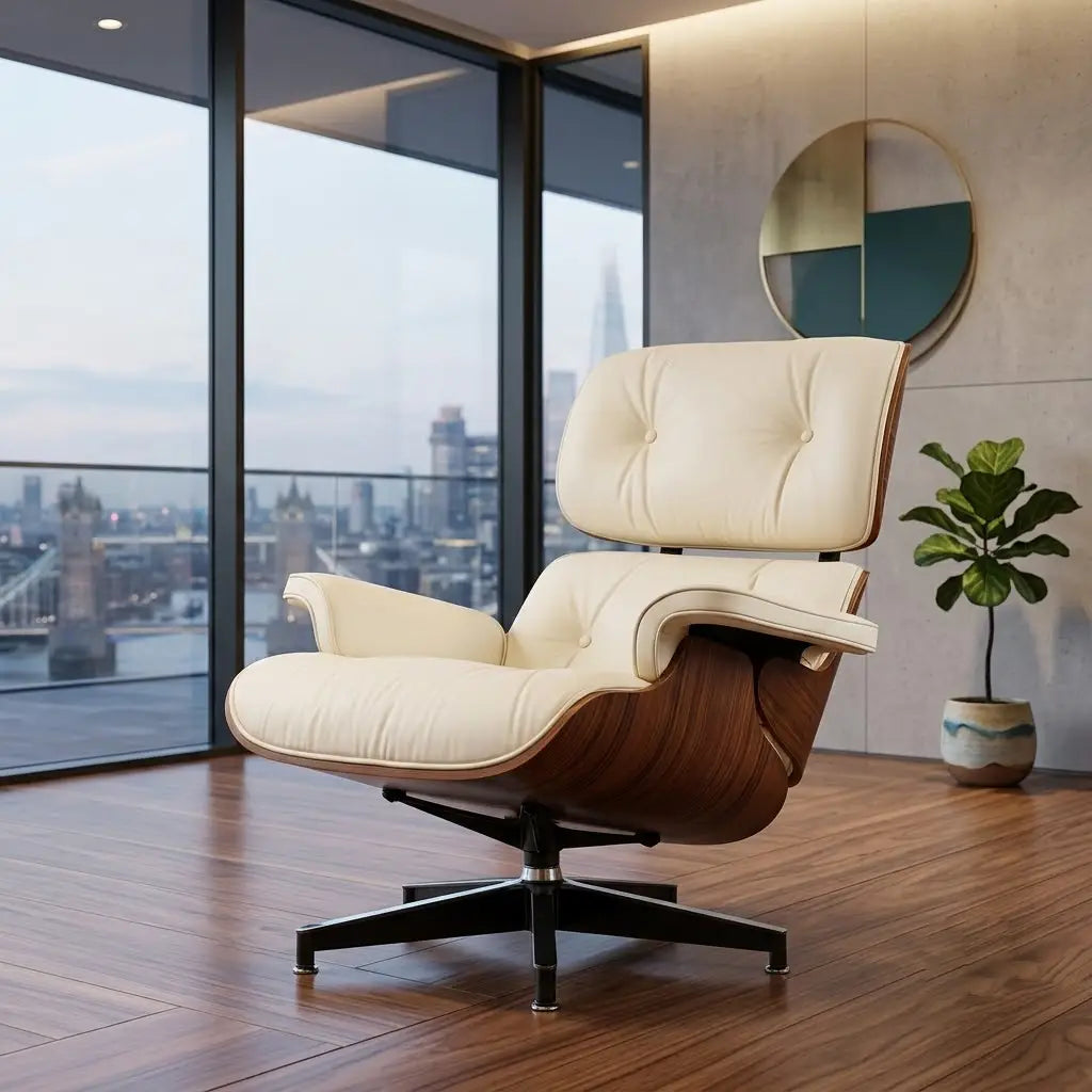 A modern lounge chair with cream tufted upholstery and a curved wooden shell sits in a high-rise apartment with a city skyline view, wood floors, and a potted plant.