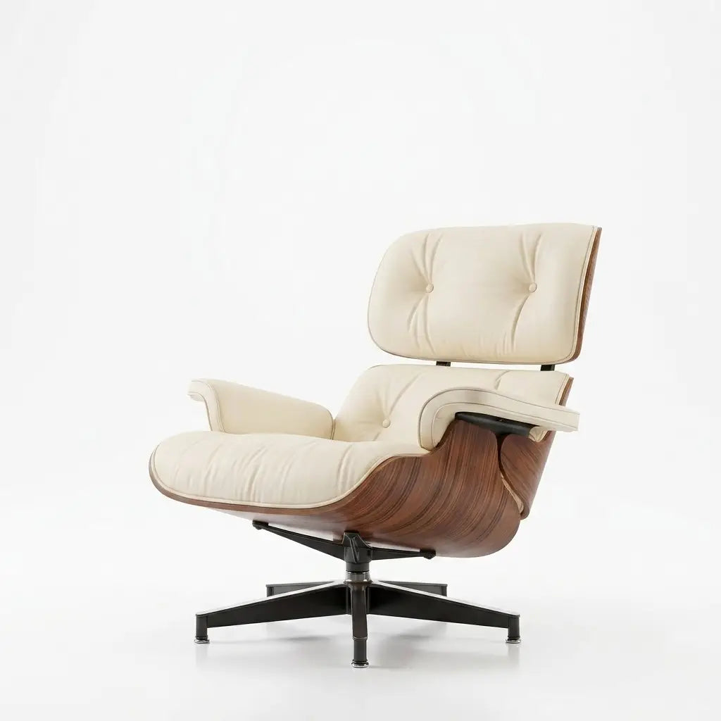A mid-century modern lounge chair with cream tufted leather upholstery and a curved walnut wood shell, supported by a black five-star swivel base, photographed on a seamless white background.