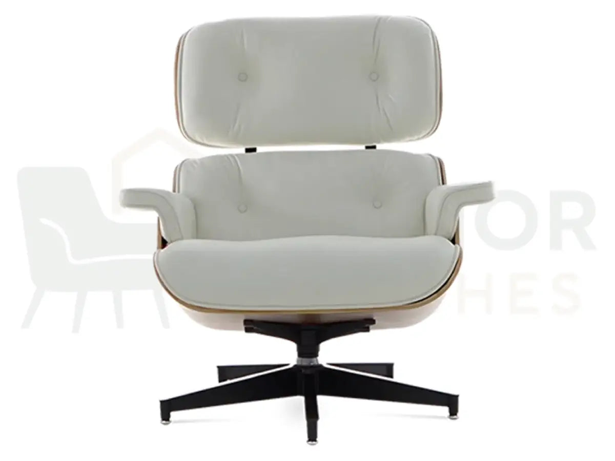 Inspired by timeless mid-century design, this walnut veneer lounge chair replica features white leather upholstery and a black metal base for elegant residential interiors.