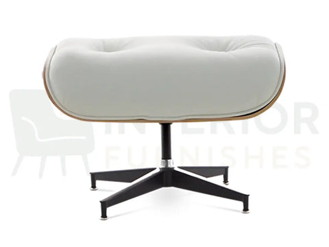 Modern interior designers choose this walnut wood lounge chair replica for its elegant white leather finish, ergonomic seating position and contemporary black support base.