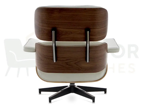 Natural walnut grain, supportive high-density cushions and smooth white leather make this lounge chair replica an ideal choice for stylish apartments, offices and boutique spaces.