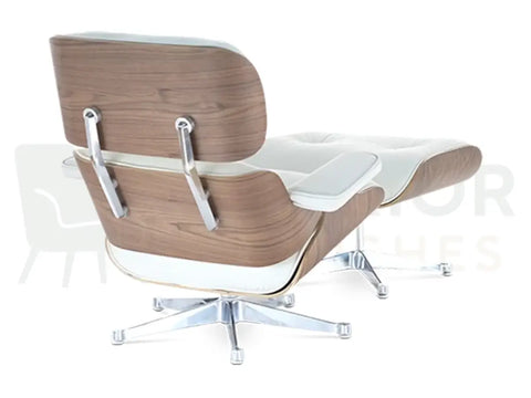 A balance of craftsmanship and comfort, this walnut wood lounge chair replica combines genuine walnut veneer, supportive white leather cushions and mirror-finish chrome detailing.