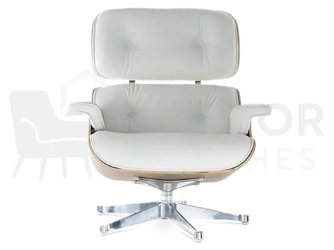 Luxury homes deserve statement furniture like this walnut veneer lounge chair replica, featuring soft white leather seating and a polished chrome foundation.