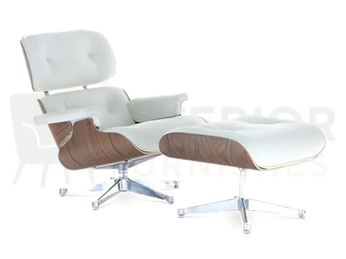 Reflective chrome accents complement the rich walnut shell and white leather upholstery of this premium lounge chair replica, available online at Interior Furnishes from £799.