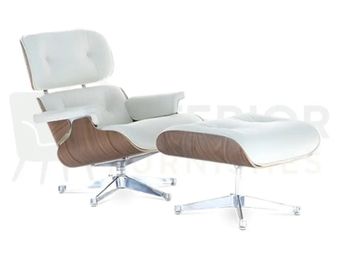 Reflective chrome accents complement the rich walnut shell and white leather upholstery of this premium lounge chair replica, available online at Interior Furnishes from £799.