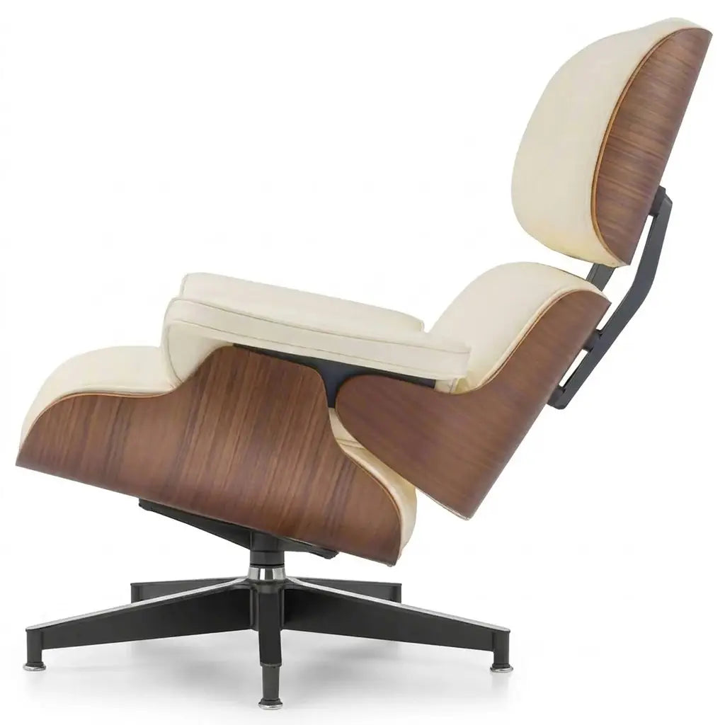 A classic mid-century modern Eames-style lounge chair with cream-colored leather cushions and a dark brown wood-grain shell, shown in a side profile on a black five-star base against a white background.