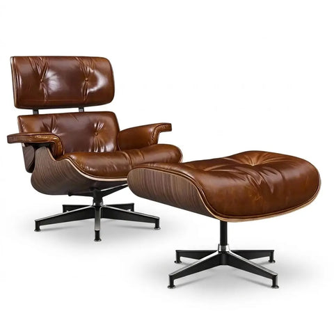 Eames Premium XL-versie Lounge Chair & Ottoman van notenhout met vintage lichtbruin gewaxed leer