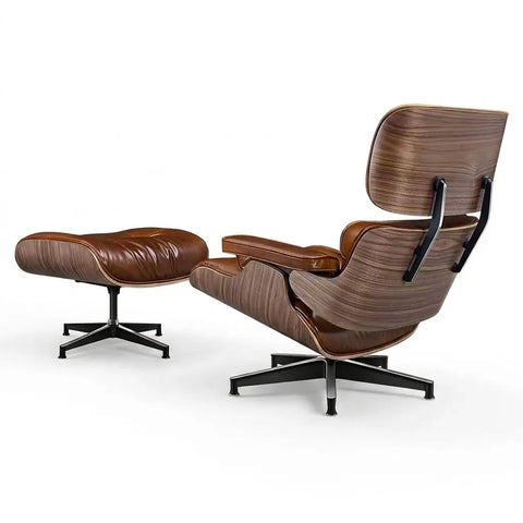 Eames Premium XL-versie Lounge Chair & Ottoman van notenhout met vintage lichtbruin gewaxed leer