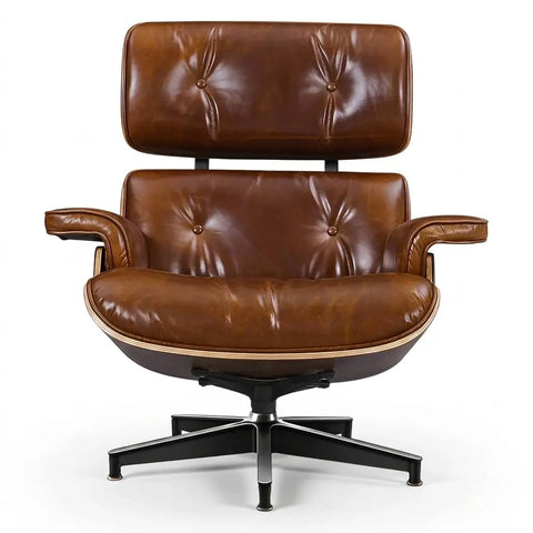 Eames Premium XL-versie Lounge Chair & Ottoman van notenhout met vintage lichtbruin gewaxed leer